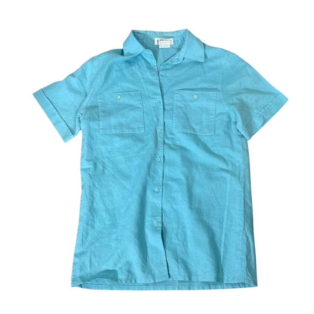 Vintage Orvis Short Sleeve‎ Linen Cotton Blend Button Front Shirt Teal Blue Sz 6